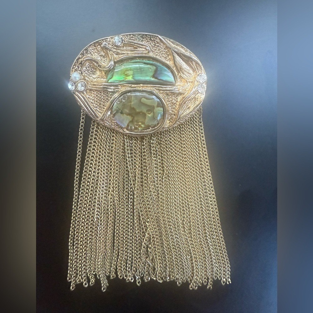 VTG Gold Tone Brooch with Abalone Shell & Chain Tassels Vintage‎ Clasp Cascade